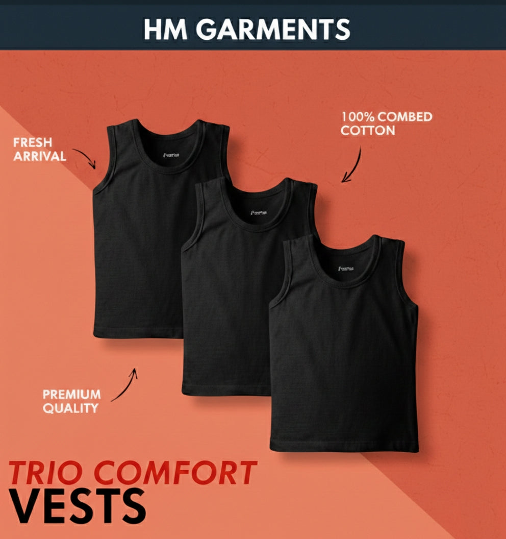 Premium Black Sleeveless Vest (Pack of 3) - 100% Cotton | HM Garments Store