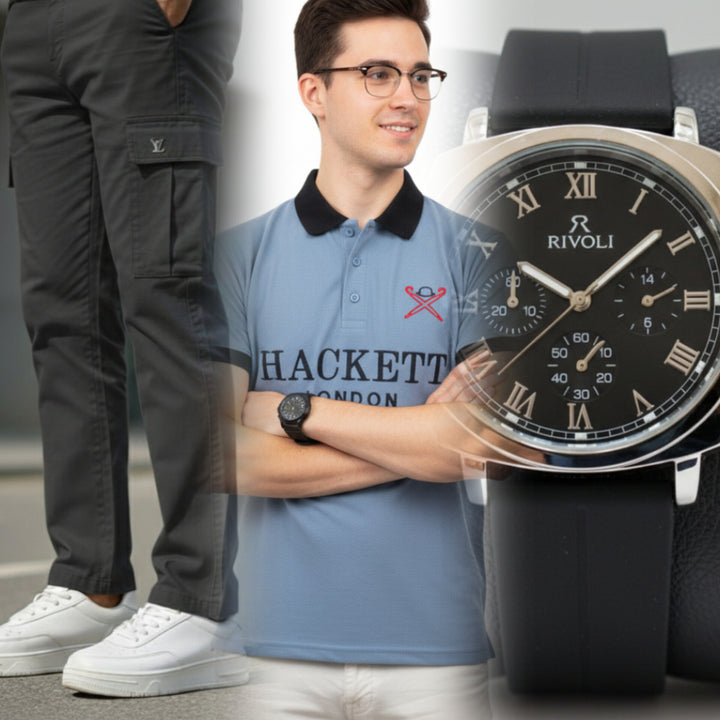 Exclusive Eid Bundle: T-Shirt, 6-Pocket Cargo & Luxury Watch - HM Garments