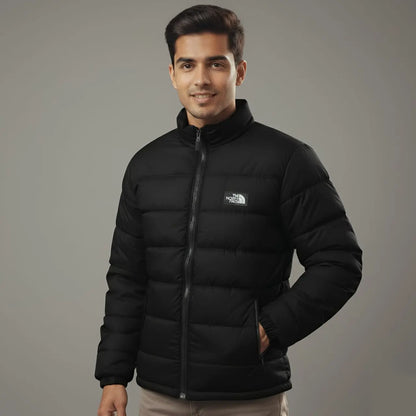 Black Winter Puffer Jacket, Men's Stand-up Collar, Casual Brand