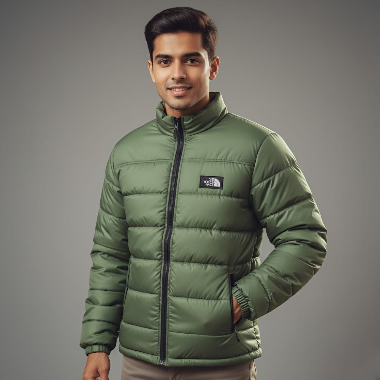 Olive Green Winter Puffer Jacket, Men's Stand-up Collar, Casual Brand
