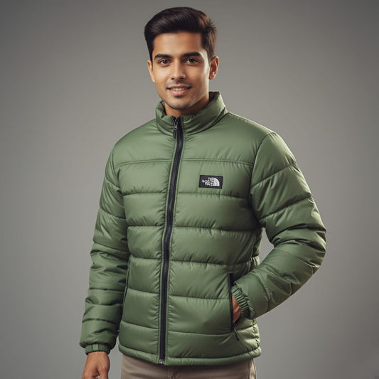 Olive Green Winter Puffer Jacket, Men's Stand-up Collar, Casual Brand