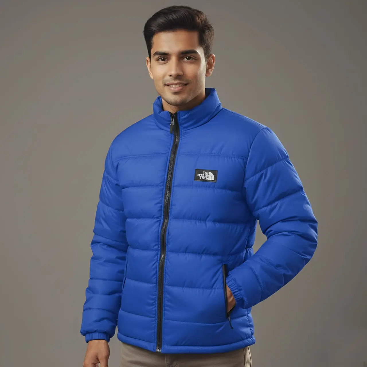 Royal Blue Winter Puffer Jacket, Men's Stand-up Collar, Casual Brand