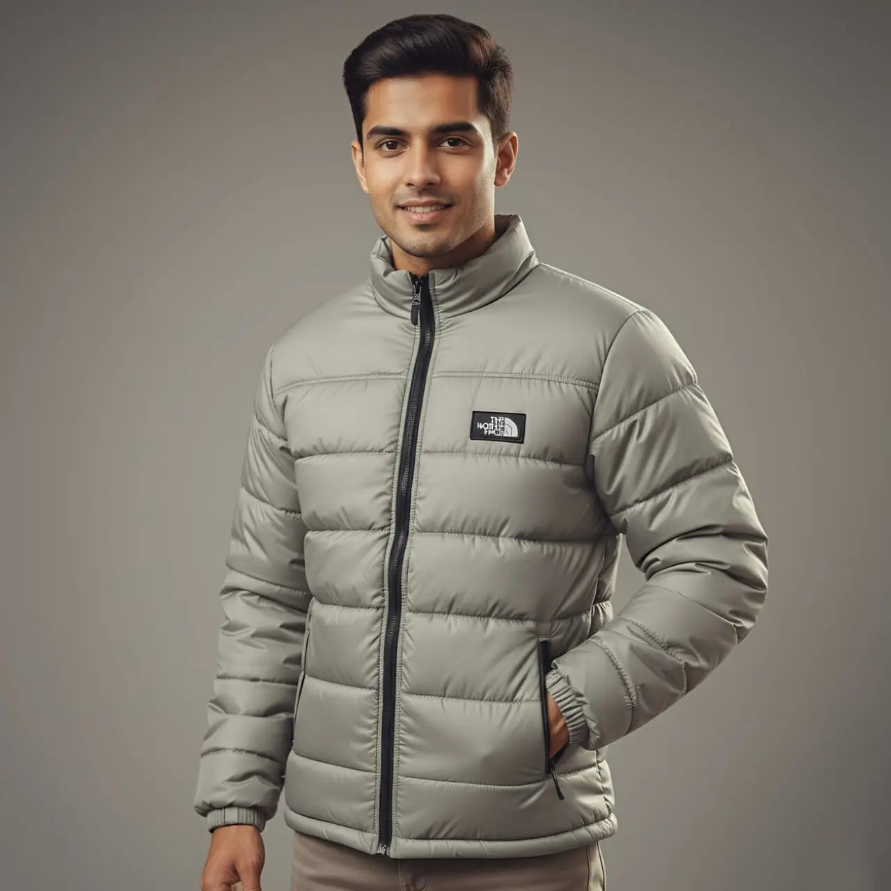 Grey Winter Puffer Jacket, Men's Stand-up Collar, Casual Brand HM Garments