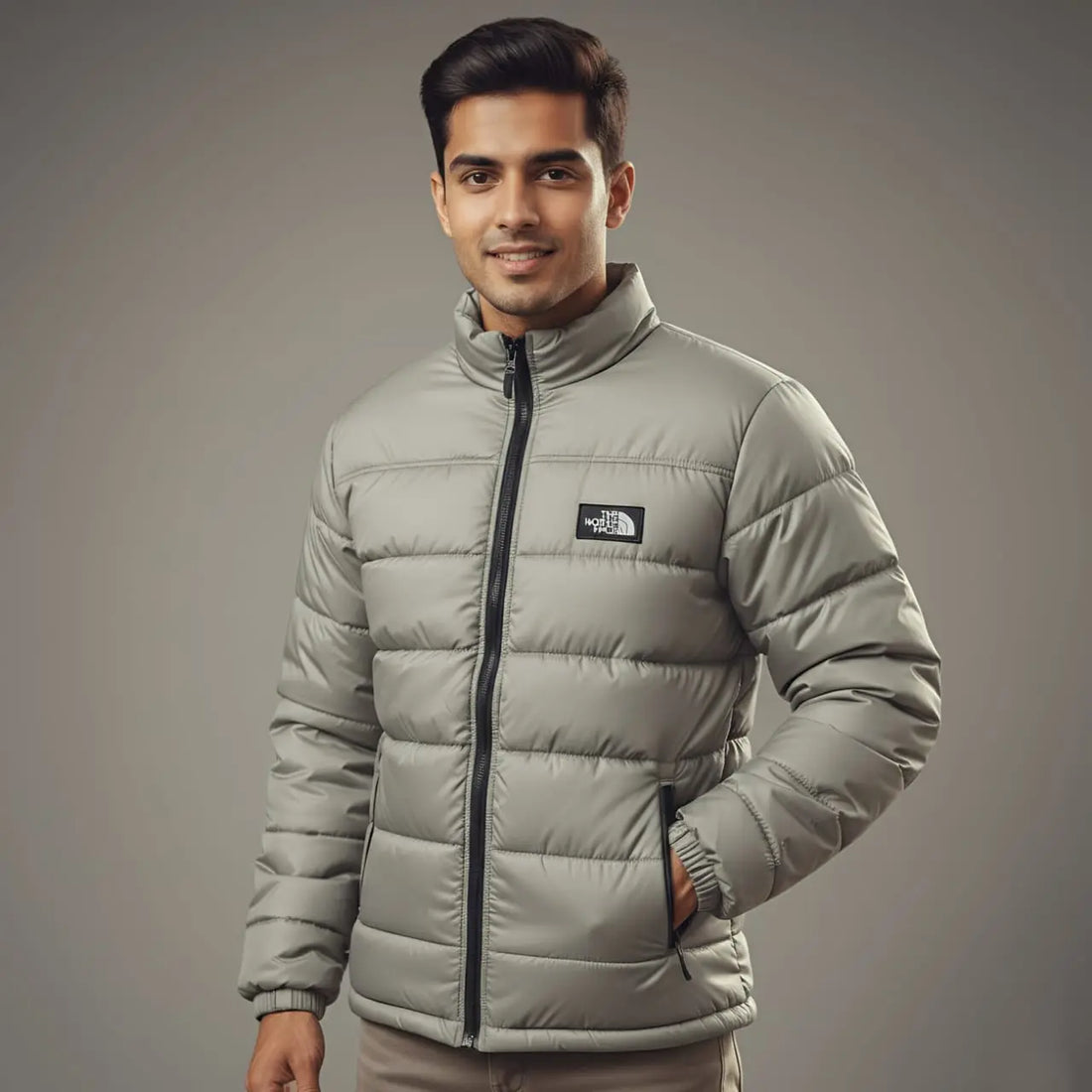 Grey Winter Puffer Jacket, Men's Stand-up Collar, Casual Brand HM Garments